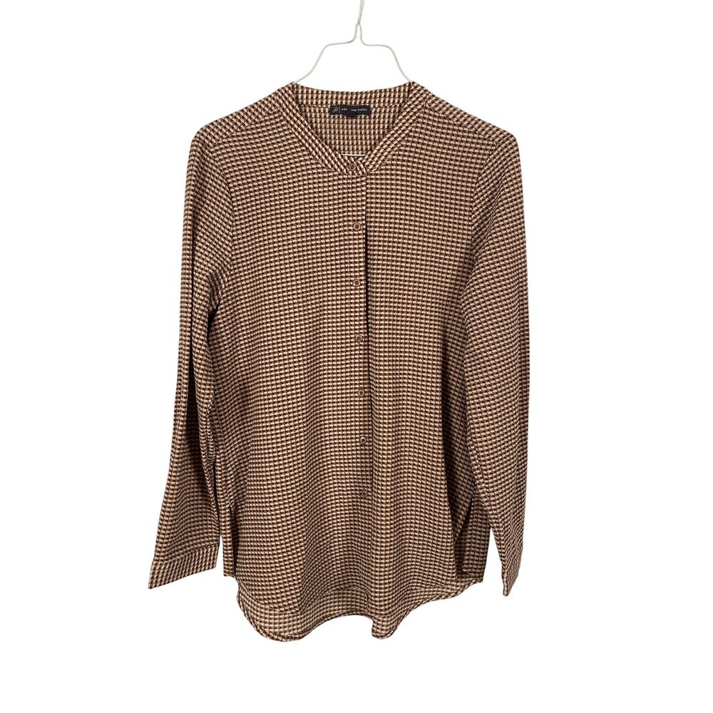 Adrianna Papell Women Textured Blouse Button Front Brown checkered Size M